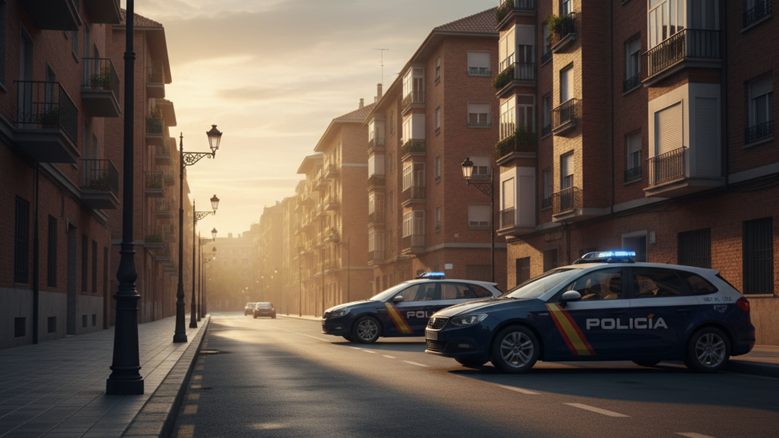Dos vehículos de la Policía Nacional estacionados en una calle residencial de Puente de Vallecas, Madrid