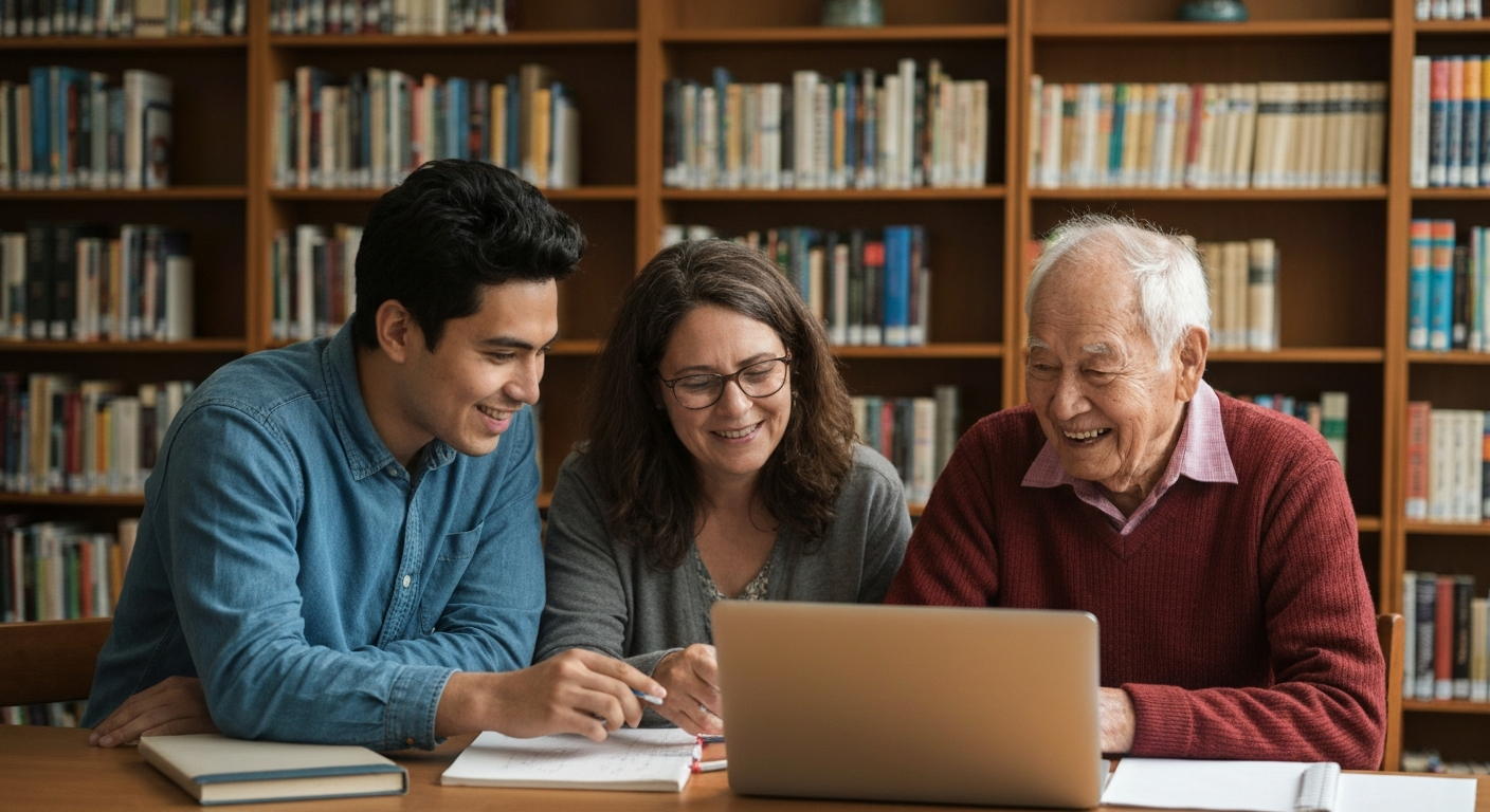 Vecinos de Vallecas participando en un curso de competencias digitales en la biblioteca del barrio
