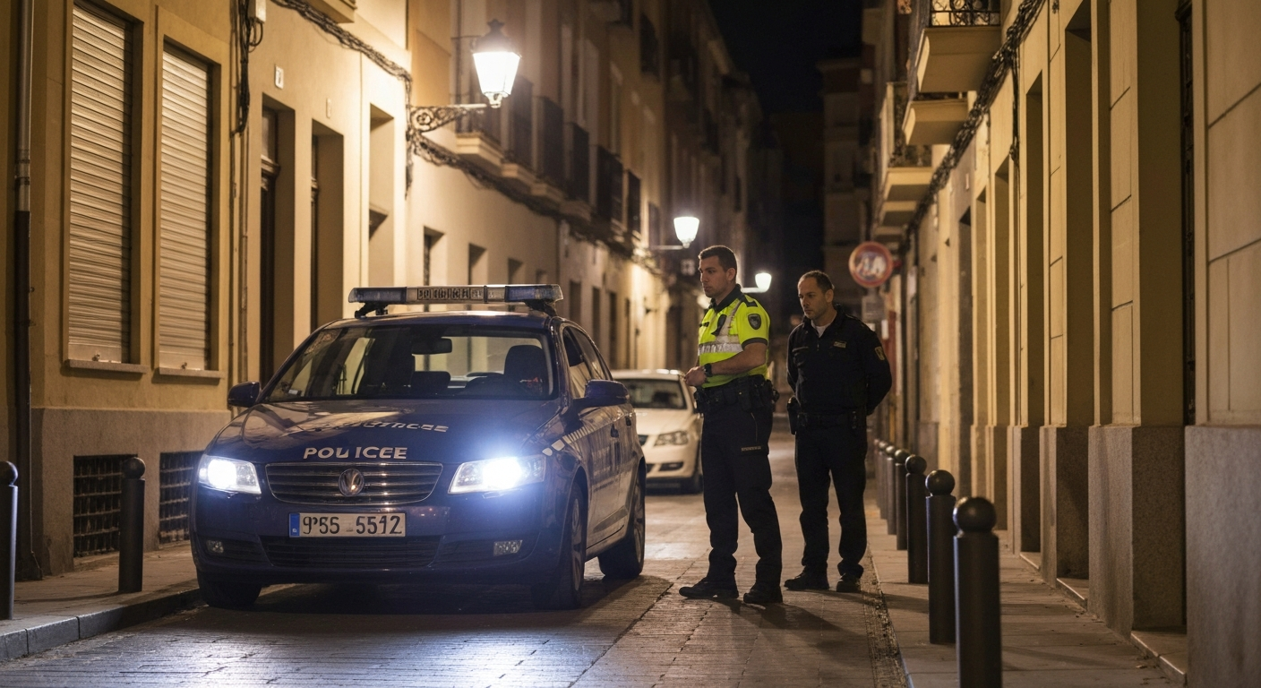 Agentes de la Policía Municipal realizando un control de vehículo nocturno en Villa de Vallecas