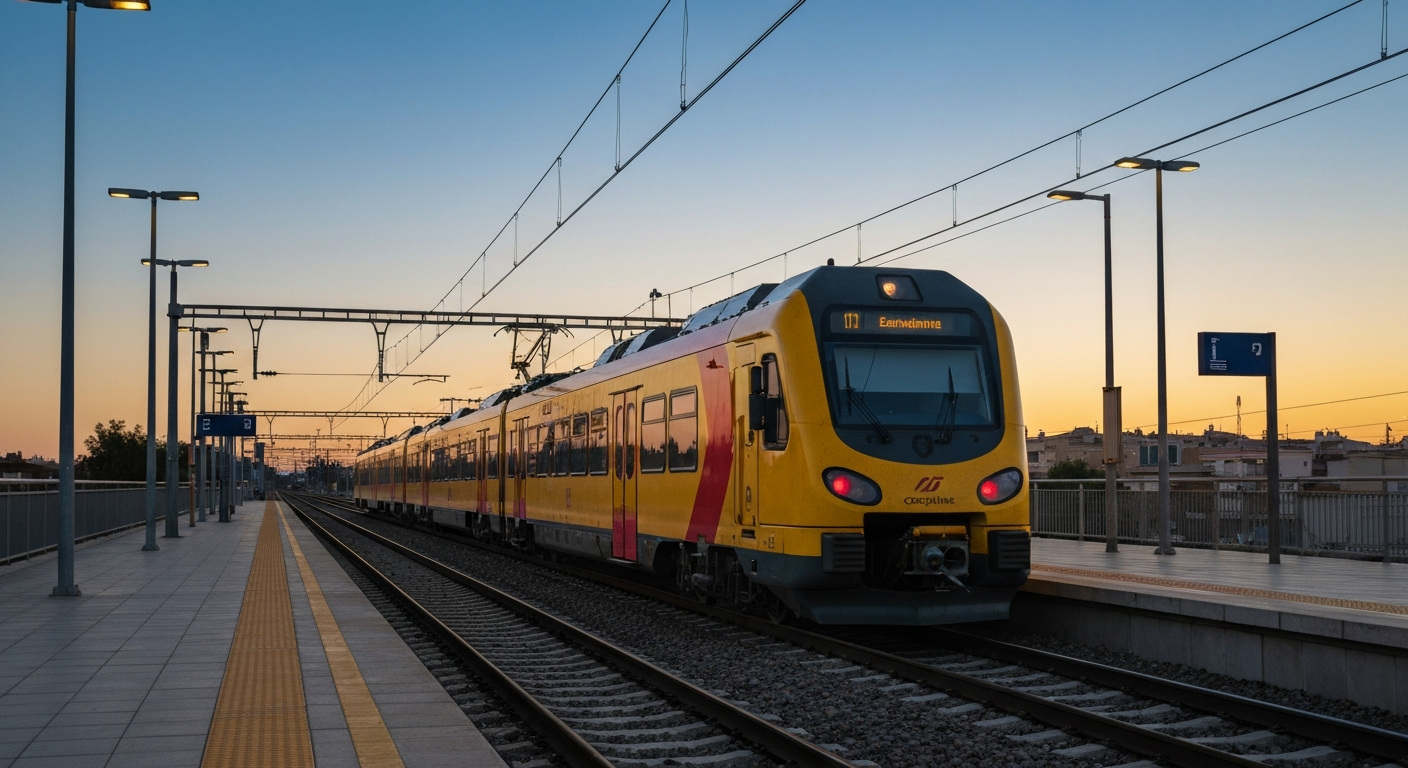 Tren de Cercanías en una estación de Madrid al amanecer