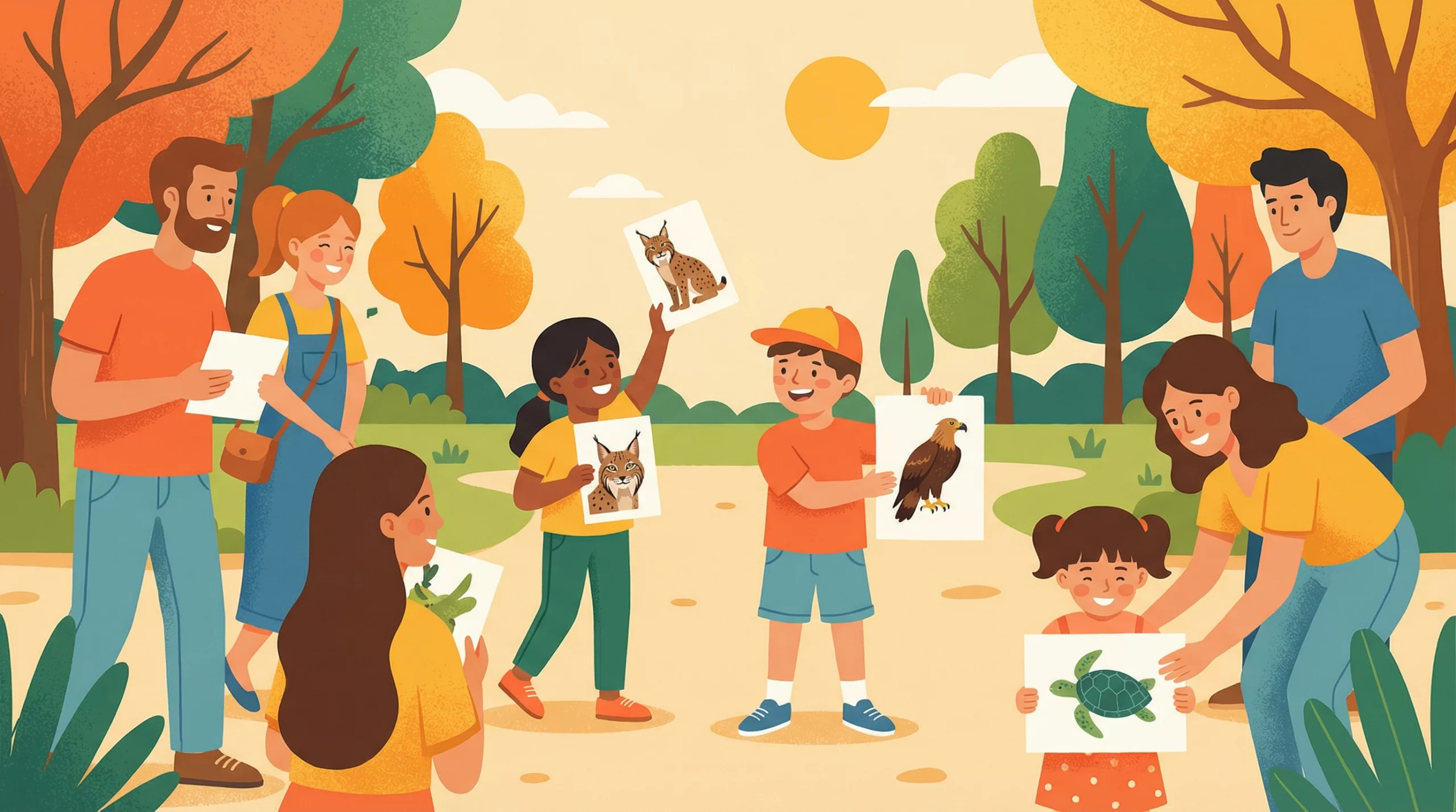 Niños jugando una yincana sobre animales en peligro de extinción en el Parque Forestal de Entrevías, Vallecas