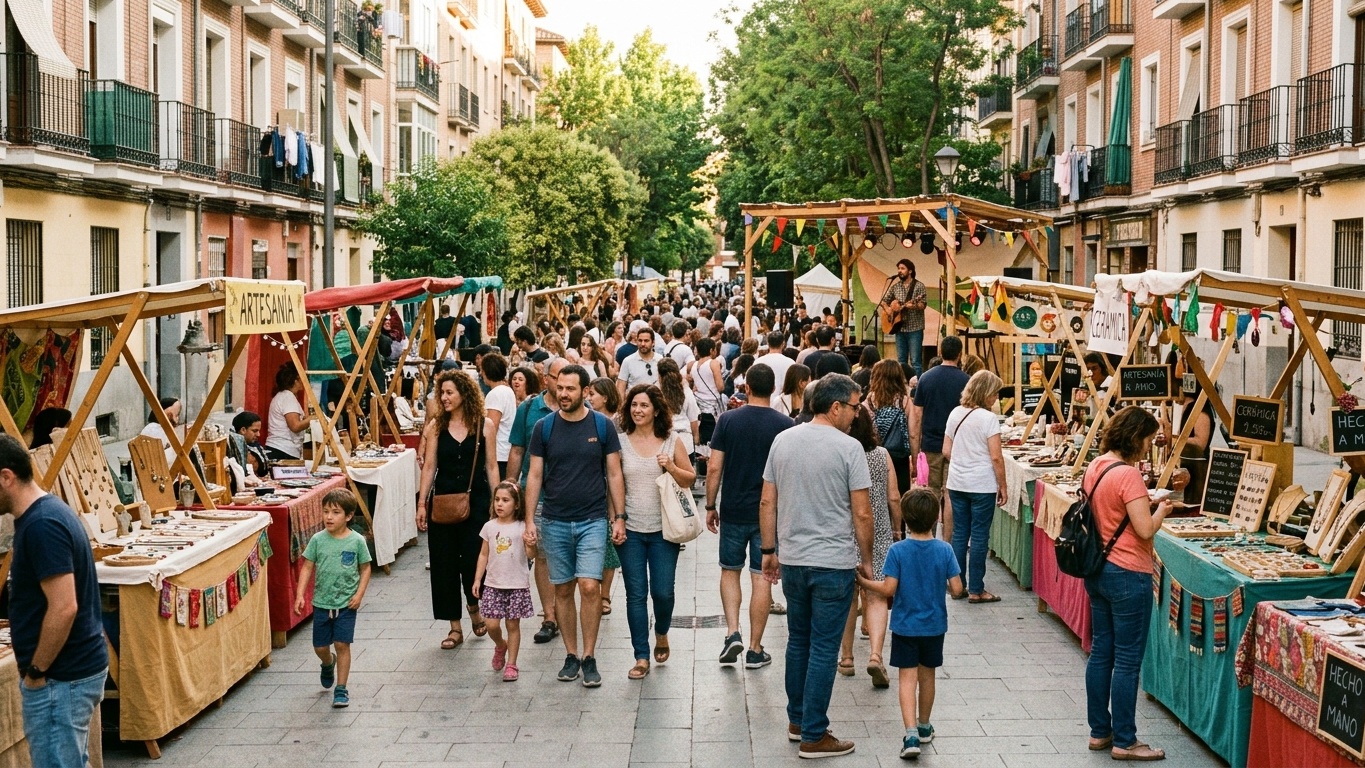 Ambiente de paseo y actividad cultural en Peña Gorbea durante un fin de semana en Puente de Vallecas