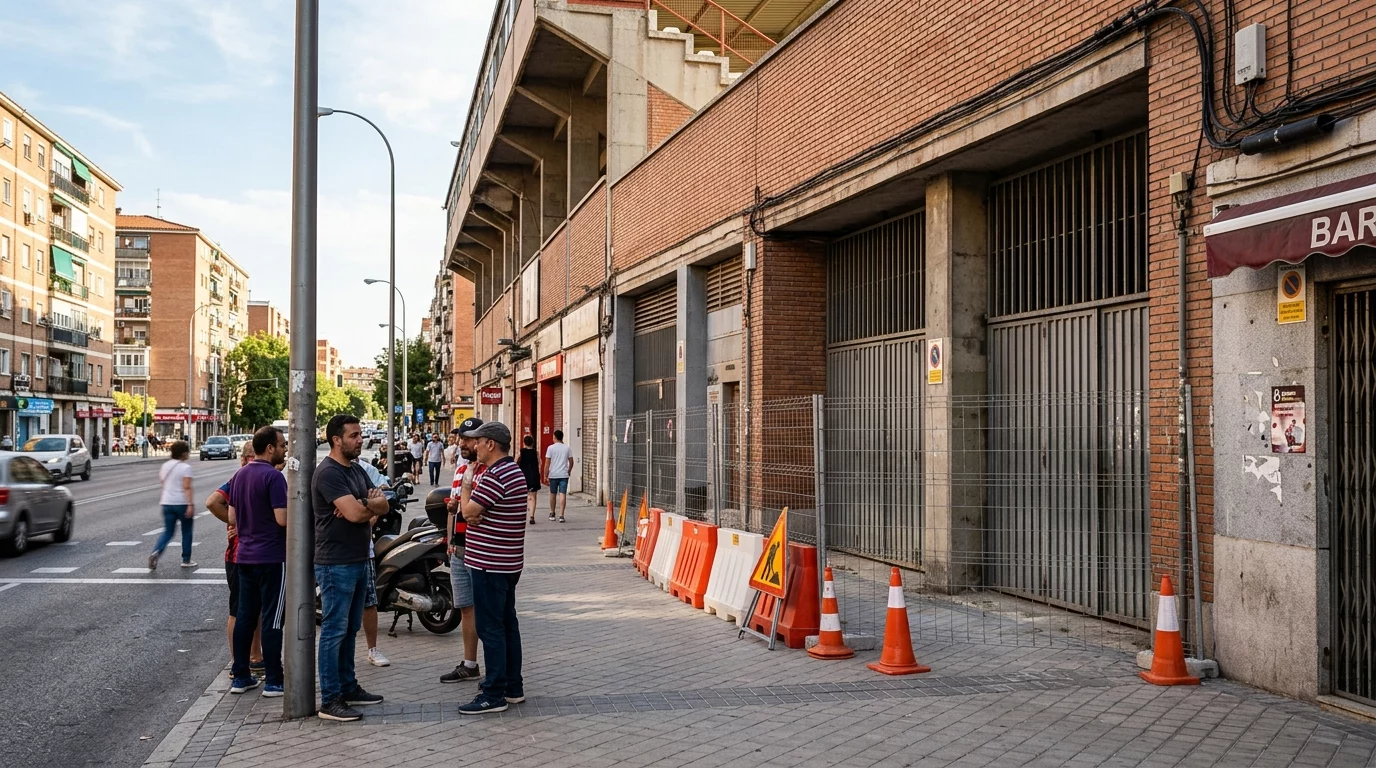 Exterior del Estadio de Vallecas con vallas de obra