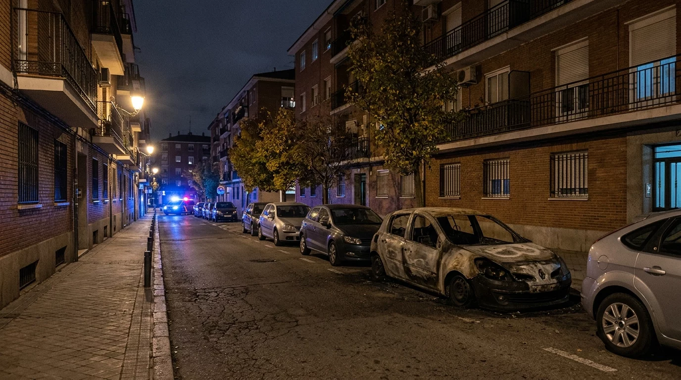 Vehículo calcinado en una calle de Puente de Vallecas