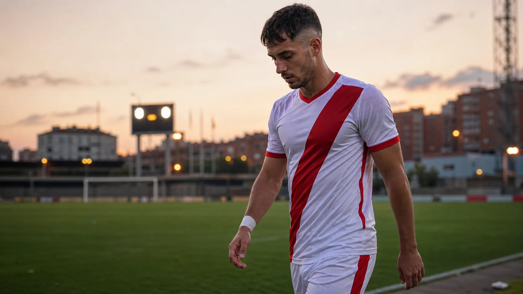 Jugador con camiseta franjirroja en un campo al atardecer