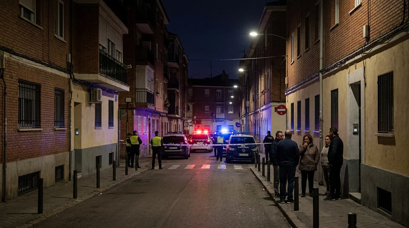 Ilustración editorial de una calle residencial de Puente de Vallecas con presencia policial al fondo