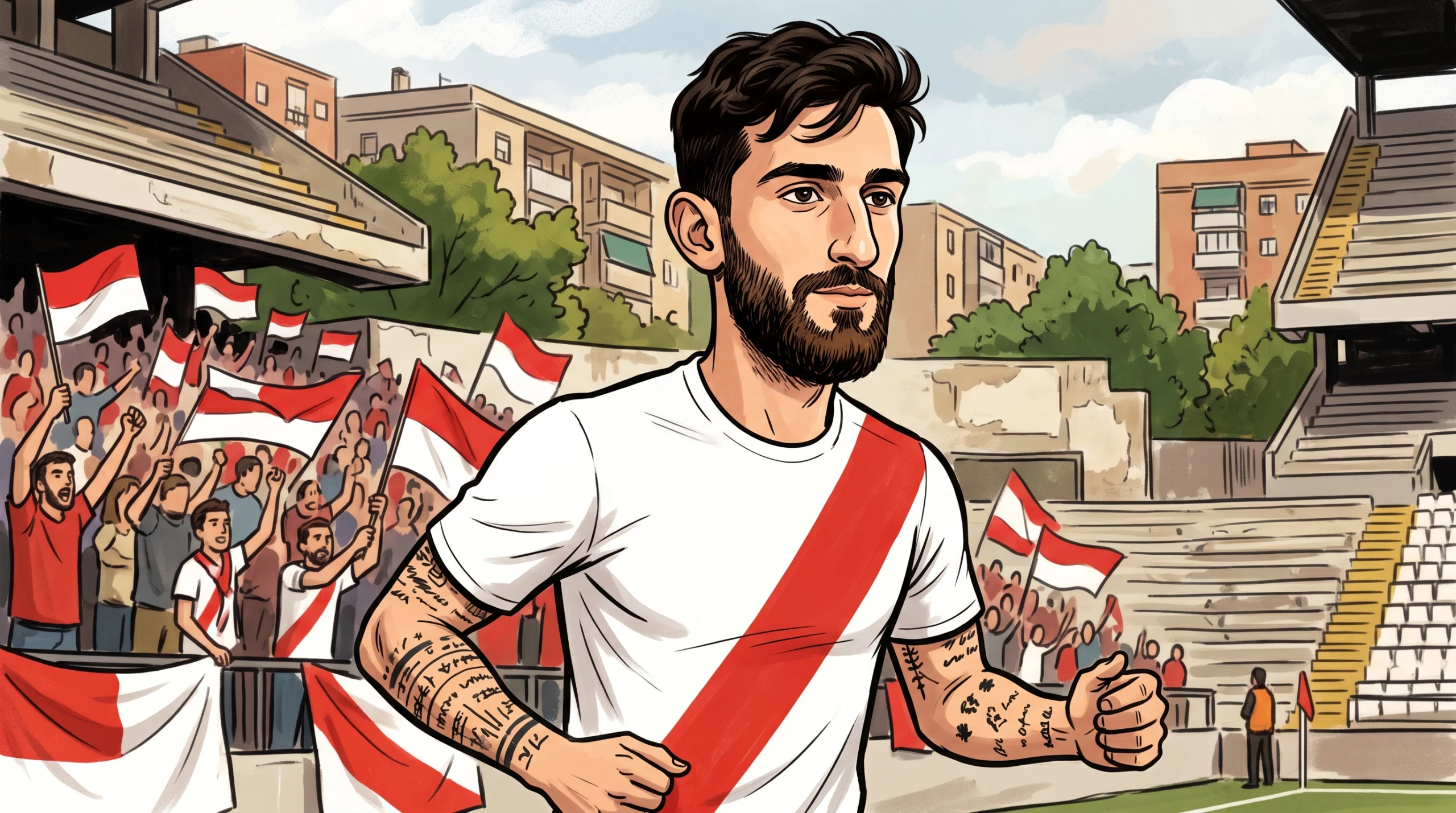 Caricatura editorial de Giorgi Tsitaishvili con camiseta blanca y franja roja