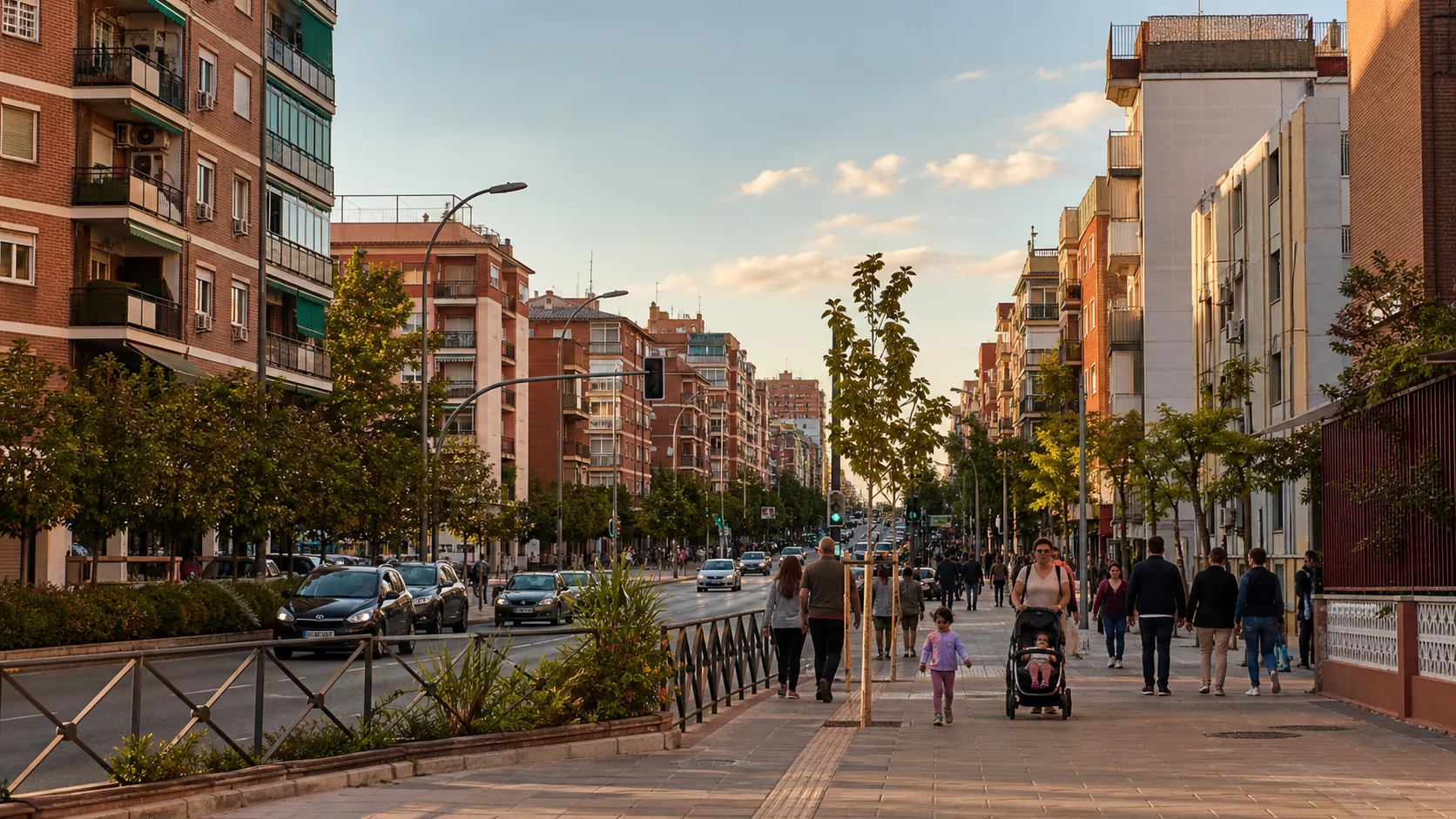 Escena urbana de una avenida de Puente de Vallecas