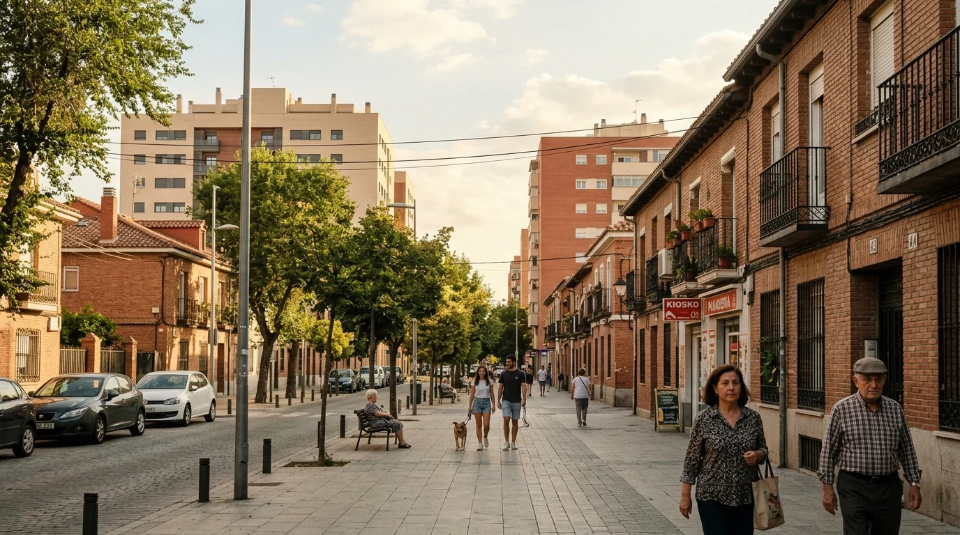 Escena urbana de Villa de Vallecas con viviendas tradicionales y edificios residenciales