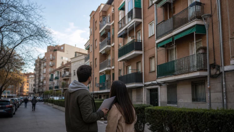 Pareja observa edificios residenciales en Puente de Vallecas