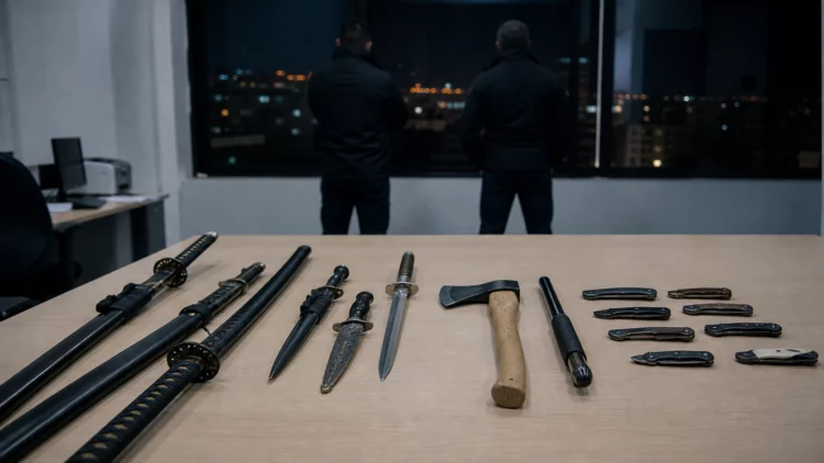 Armas blancas dispuestas sobre una mesa tras una intervención policial