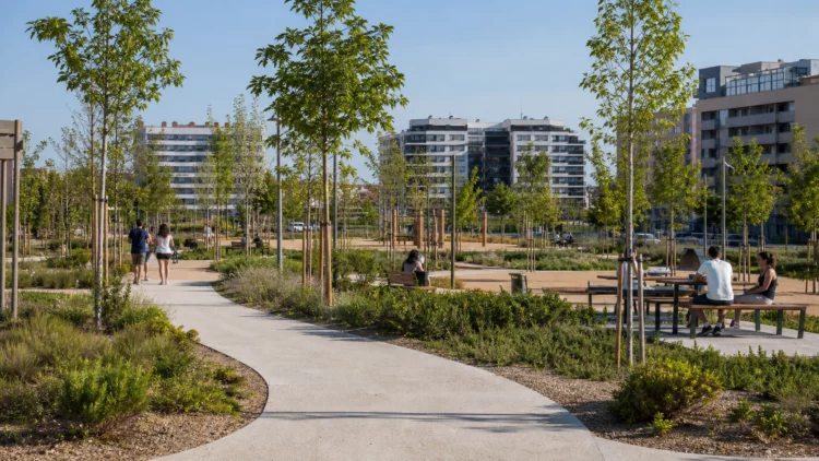 Zona verde renovada con caminos accesibles y árboles jóvenes en el Ensanche de Vallecas