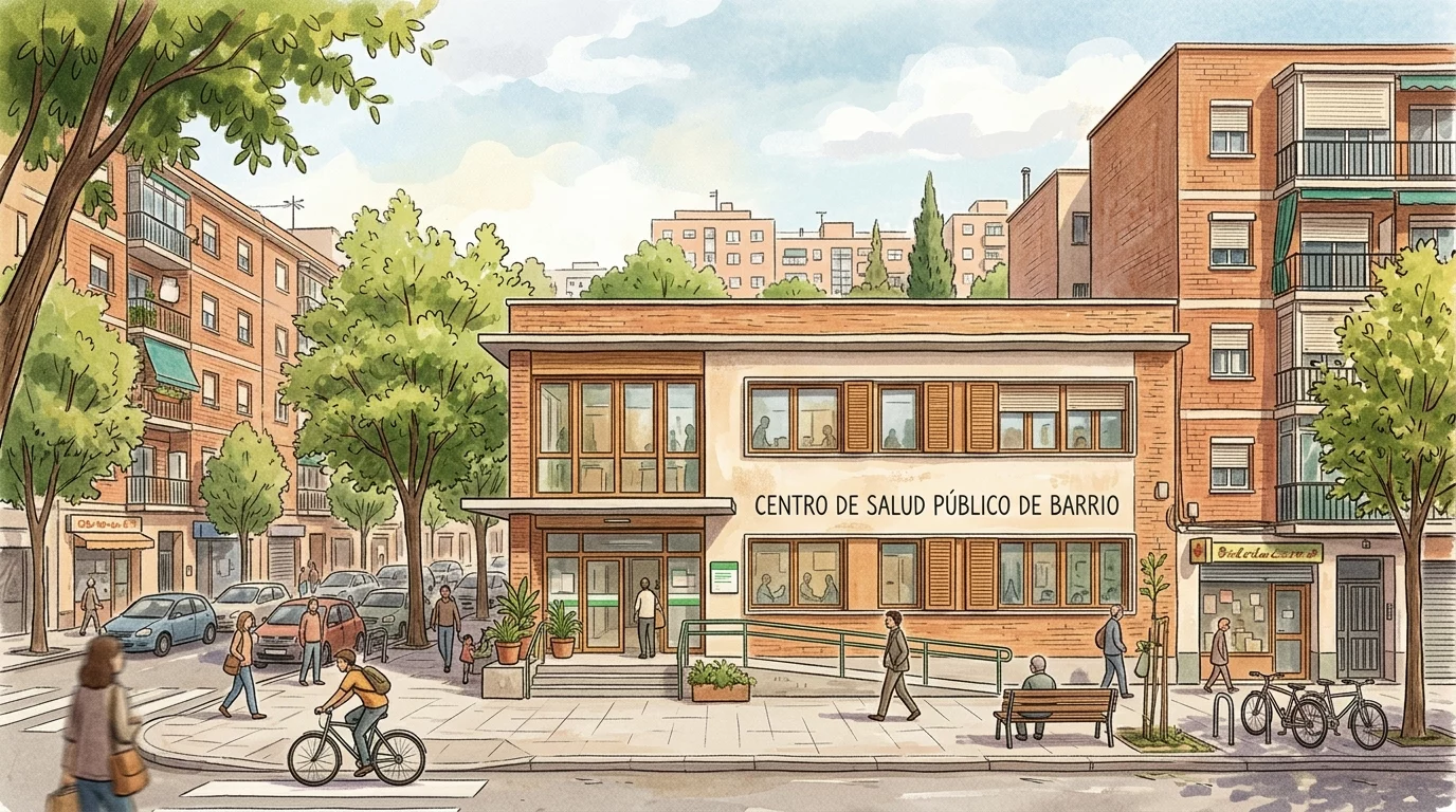 Ilustración editorial de la fachada de un centro de salud público de barrio en Puente de Vallecas, estilo dibujo, sin personas identificables