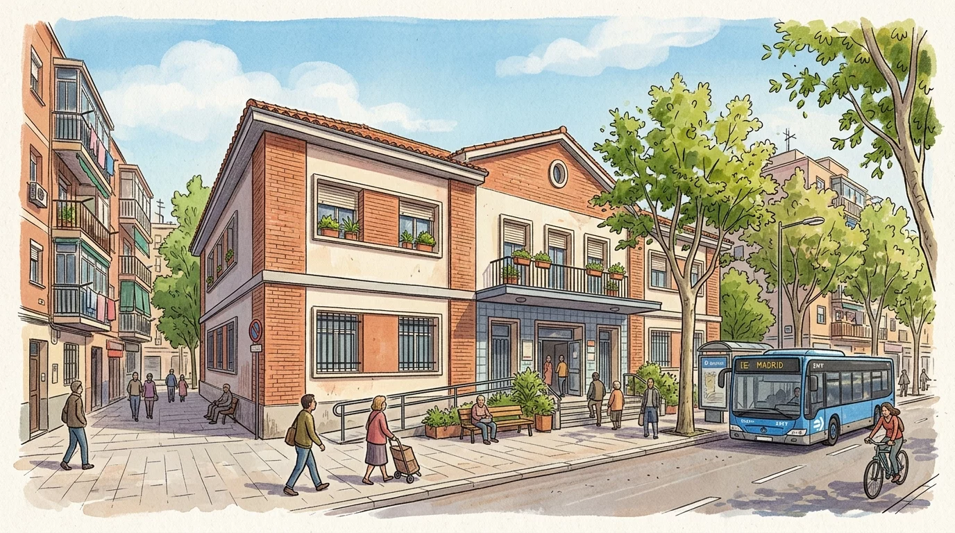 Ilustración editorial de la fachada de un centro de salud público de barrio en Puente de Vallecas, estilo dibujo, sin personas identificables