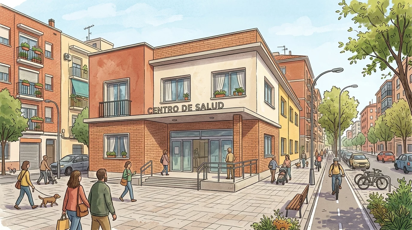 Ilustración editorial de la fachada de un centro de salud público de barrio en Puente de Vallecas, estilo dibujo, sin personas identificables