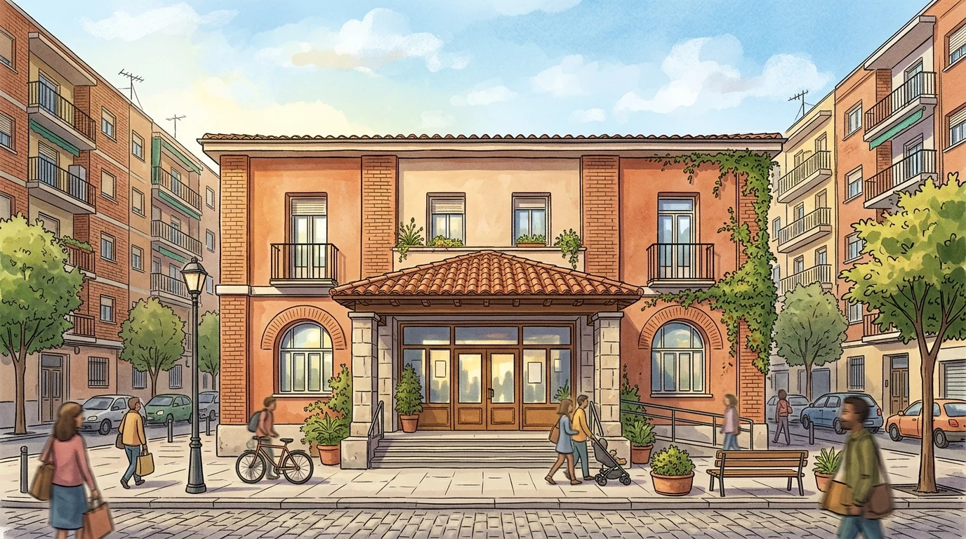 Ilustración editorial de la fachada de un centro de salud público de barrio en Puente de Vallecas, estilo dibujo, sin personas identificables
