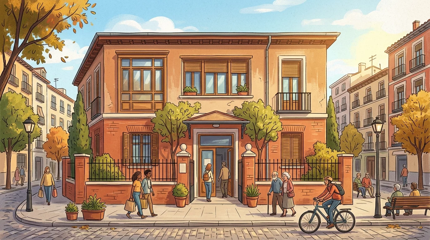 Ilustración editorial de la fachada de un centro de salud público de barrio en Puente de Vallecas, estilo dibujo, sin personas identificables