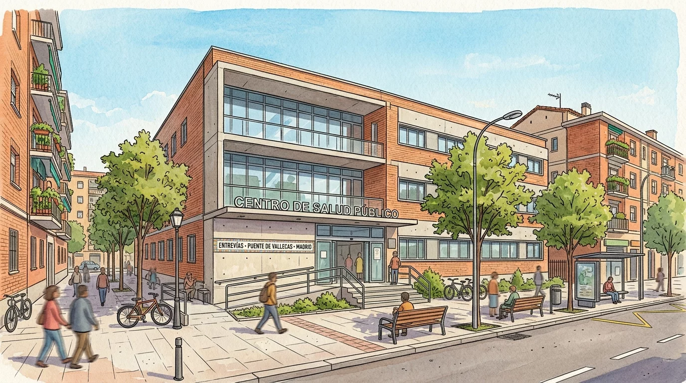 Ilustración editorial de la fachada de un centro de salud público en el barrio de Entrevías, Puente de Vallecas, estilo dibujo, sin personas identificables
