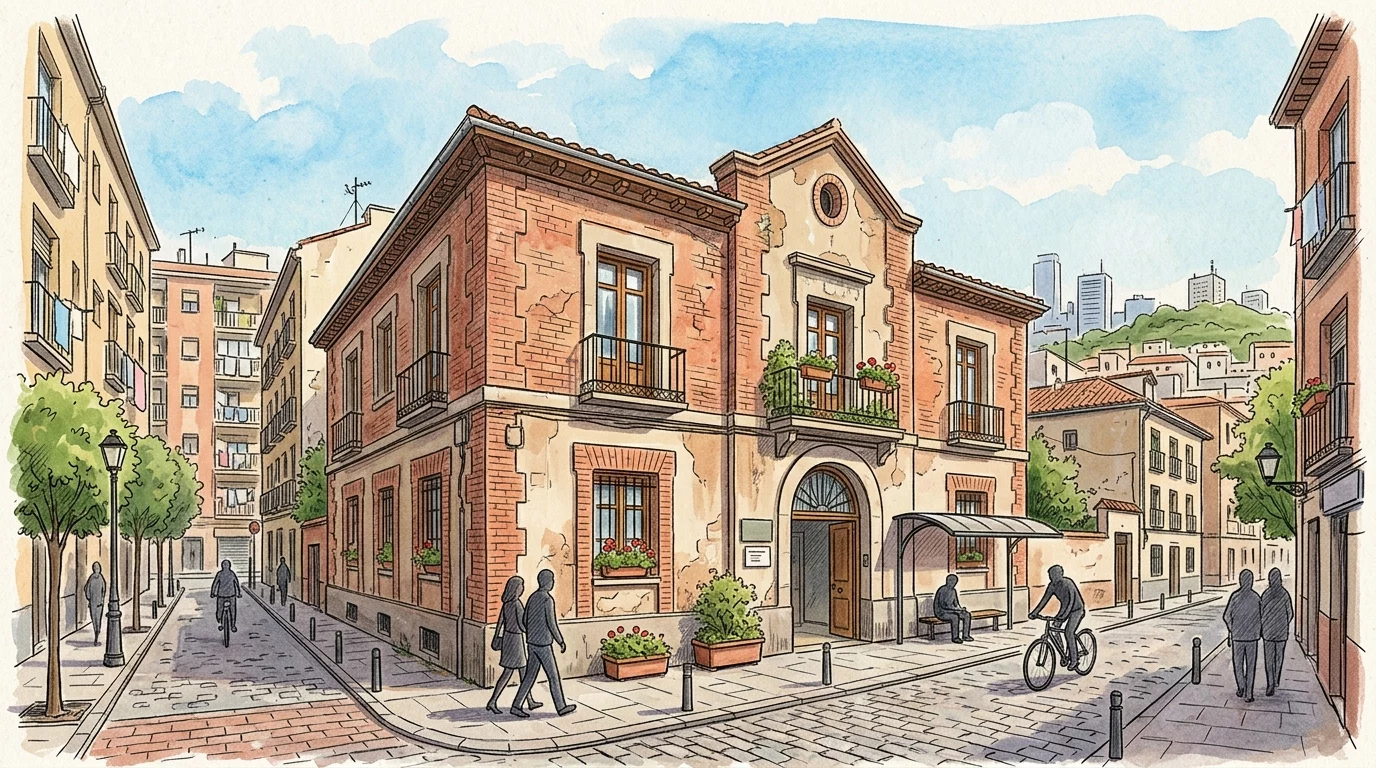 Ilustración editorial de la fachada de un centro de salud público de barrio en Puente de Vallecas, estilo dibujo, sin personas identificables