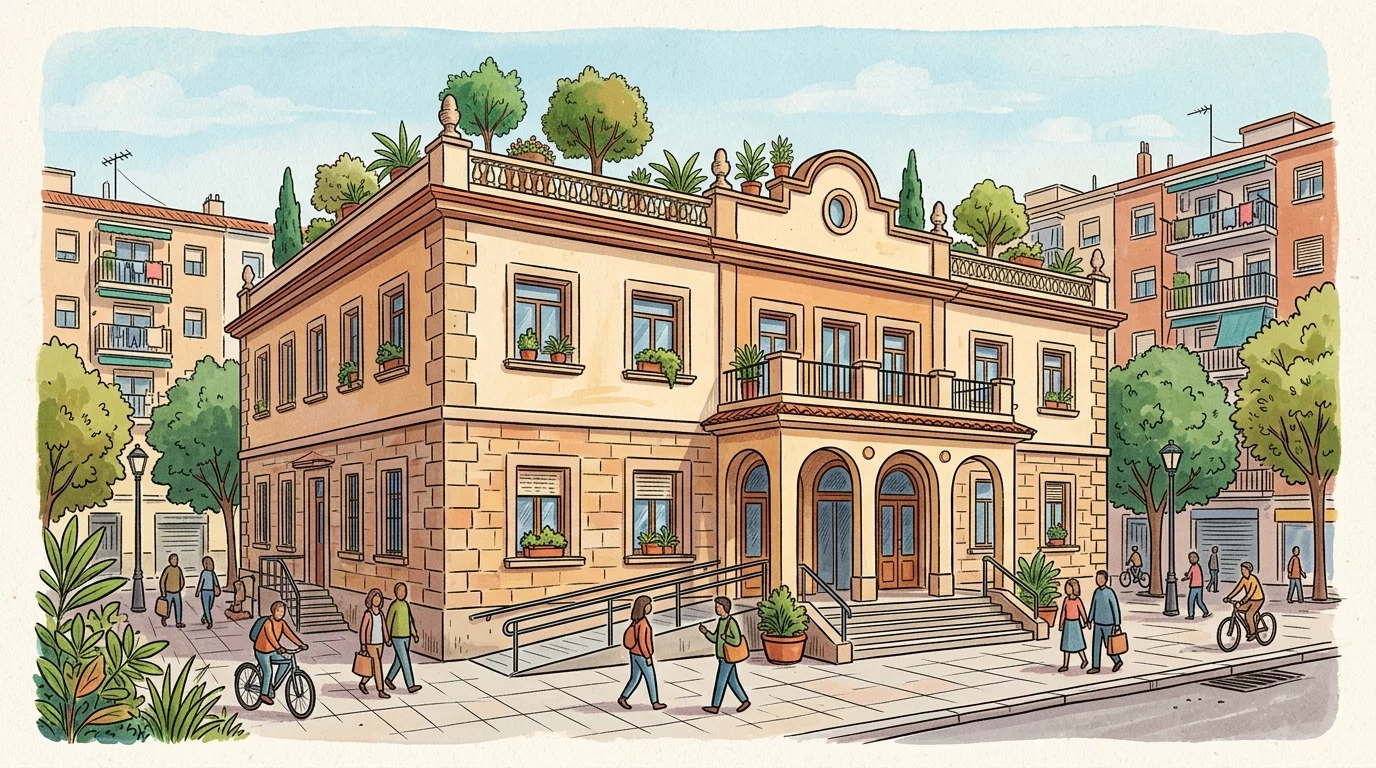 Ilustración editorial de la fachada de un centro de salud público de barrio en Puente de Vallecas, estilo dibujo, sin personas identificables