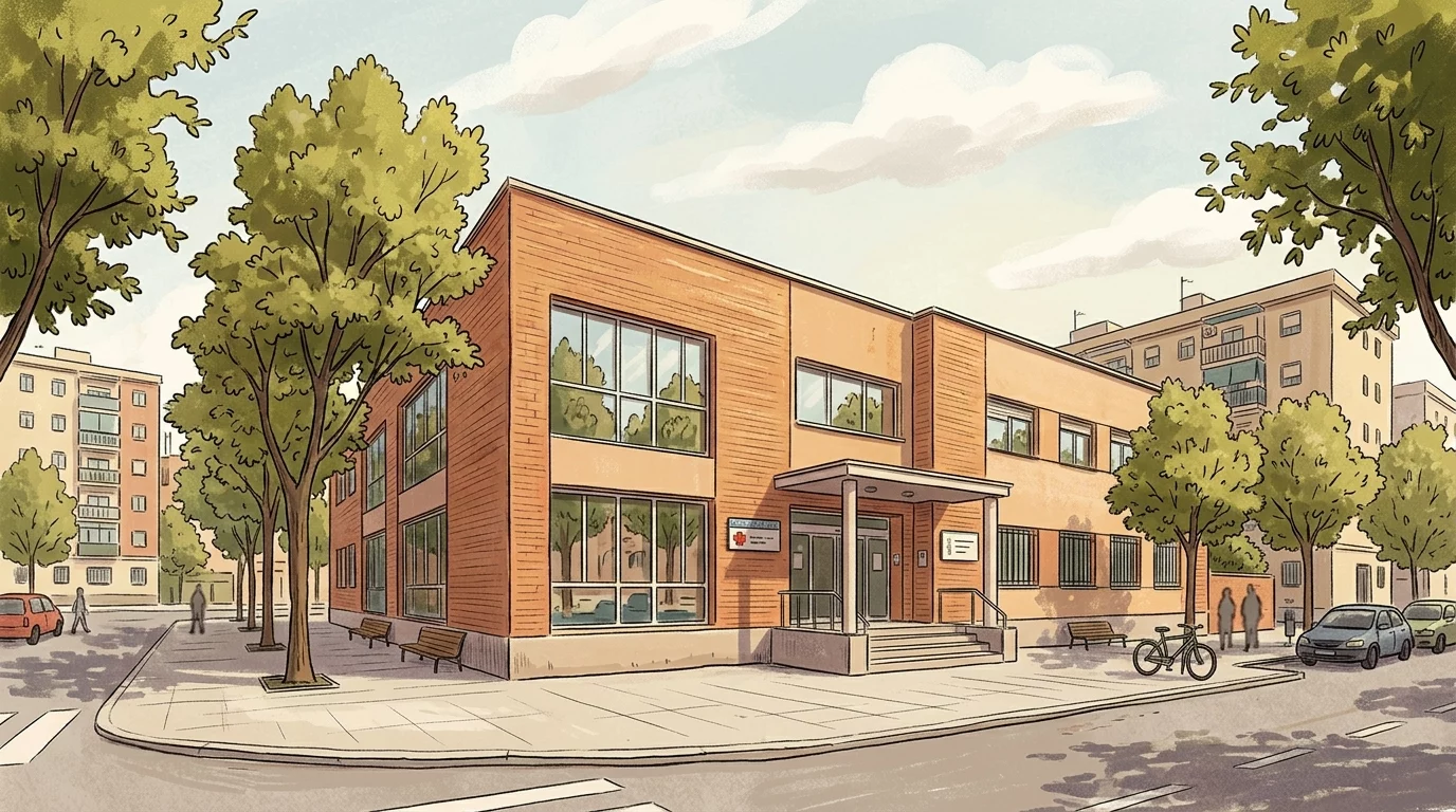 Ilustración editorial de la fachada de un centro de salud público en el barrio de Santa Eugenia, Villa de Vallecas, estilo dibujo, sin personas identificables