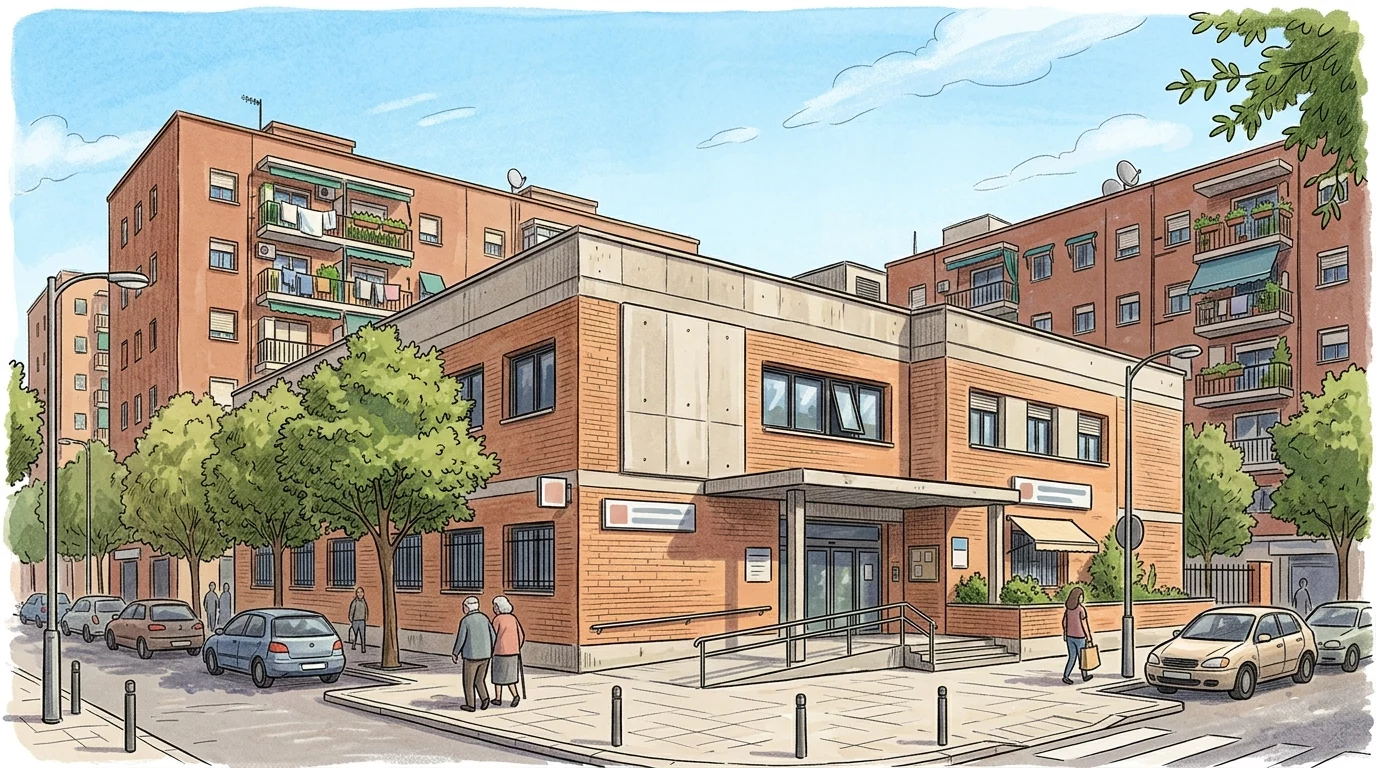 Ilustración editorial de la fachada de un centro de salud público en el barrio de Entrevías, Puente de Vallecas, estilo dibujo, sin personas identificables