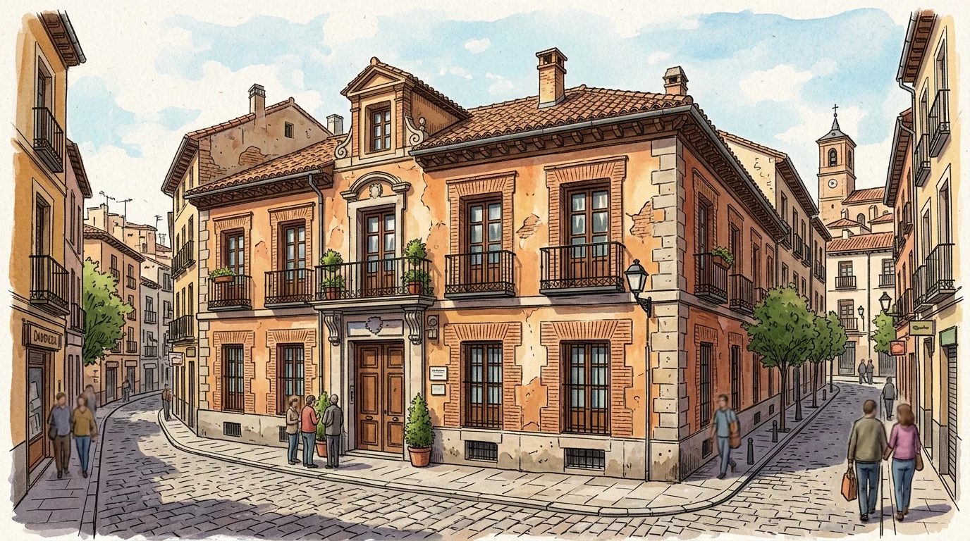 Ilustración editorial de la fachada de un centro de salud público en el casco histórico de Villa de Vallecas, estilo dibujo, sin personas identificables