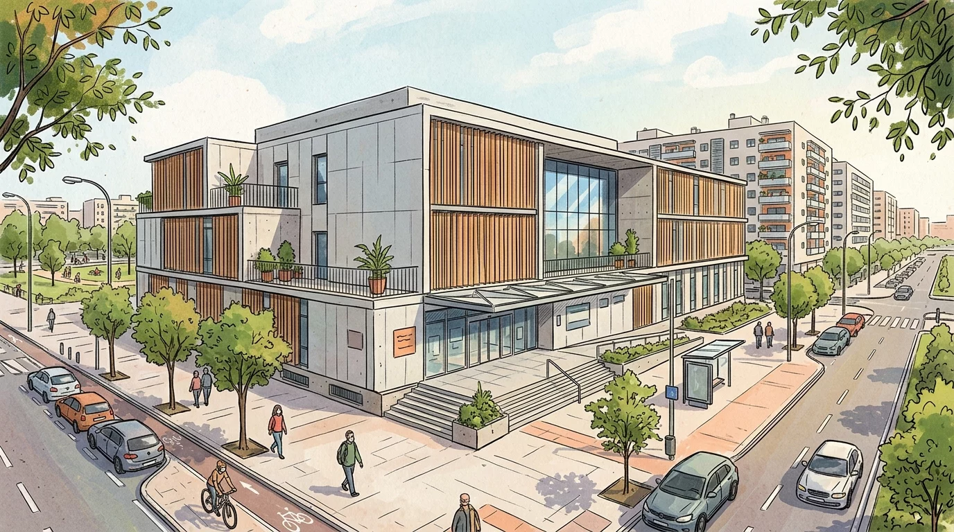 Ilustración editorial de la fachada de un centro de salud público moderno en el Ensanche de Vallecas, estilo dibujo, sin personas identificables