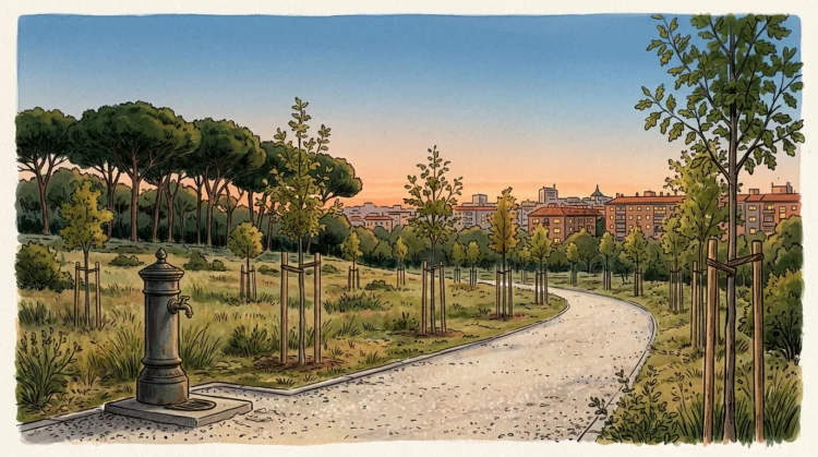 Ilustración editorial de un sendero del parque de las Comunidades, con árboles jóvenes, una fuente y el perfil urbano de Puente de Vallecas al fondo