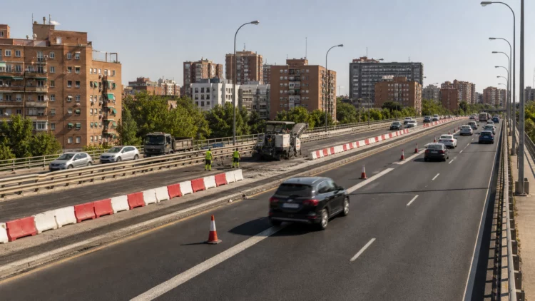 Obras de asfaltado con carriles reducidos en la M-30 a la altura de Vallecas