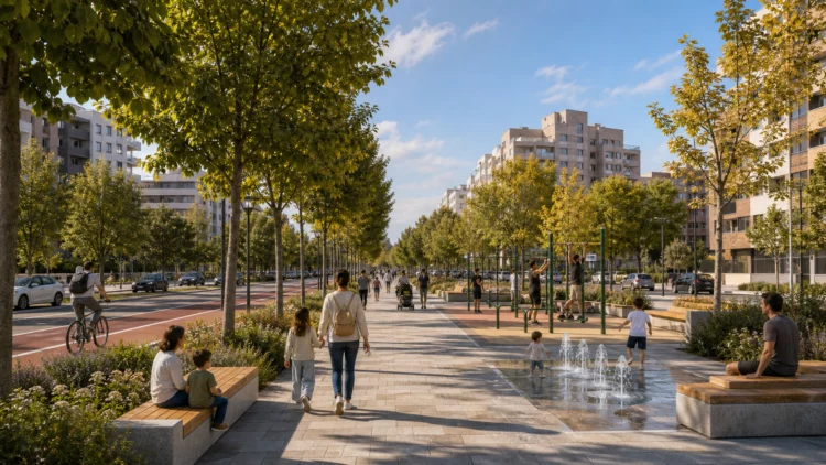 Ilustración conceptual de un bulevar verde con paseo, árboles, carril bici y zonas de actividad en el Ensanche de Vallecas
