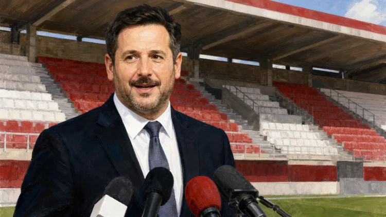 Ilustración de Mariano de Paco ante las gradas del Estadio de Vallecas