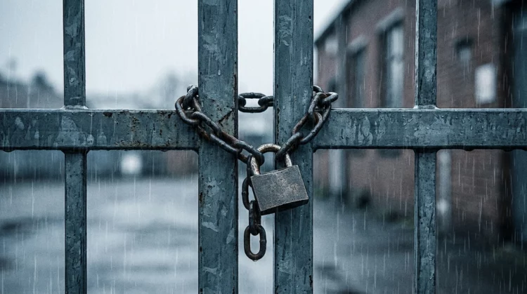 Primer plano de un candado y una cadena oxidados cerrando una verja metálica, con lluvia cayendo