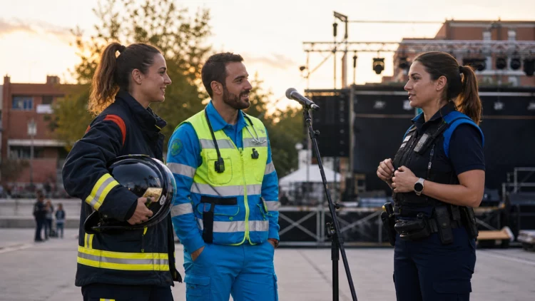 Bombera, sanitario de emergencias y policía municipal conversan ante el escenario de unas fiestas de barrio