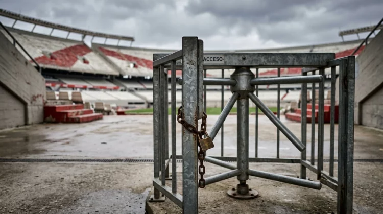Torno de acceso a un estadio de fútbol cerrado con una cadena y un candado