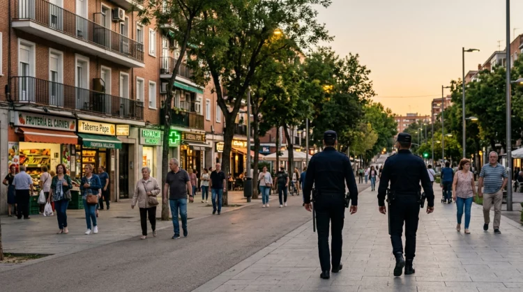 Dos agentes patrullan a pie por un bulevar comercial de Puente de Vallecas