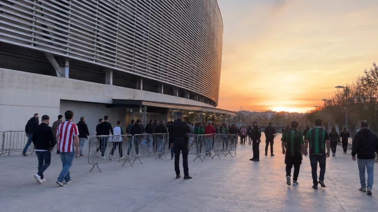 Aficionados acceden a un estadio junto a un dispositivo de seguridad antes de un partido