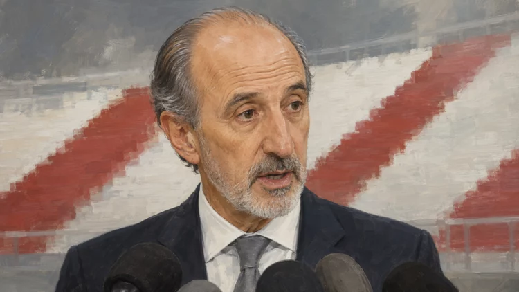 Ilustración editorial de Paco Díez, presidente de la RFFM, ante varios micrófonos