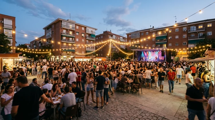 Vecinos reunidos en una plaza durante las fiestas de Villa de Vallecas