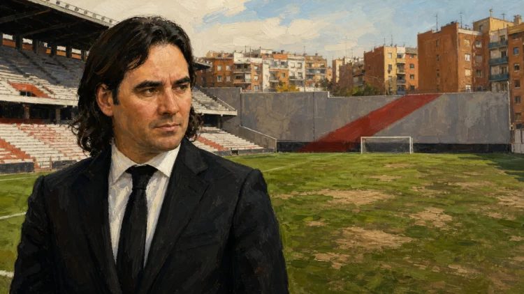 Ilustración de Raúl Martín Presa ante el césped con calvas del Estadio de Vallecas