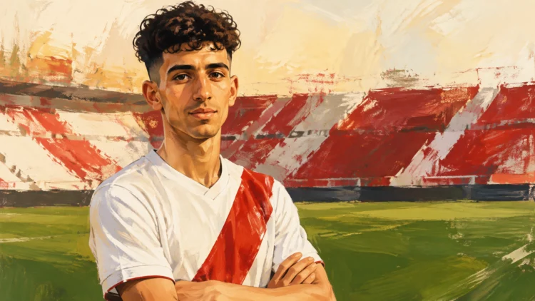 Ilustración de Rayane Belaid con camiseta blanca y franja roja en un estadio