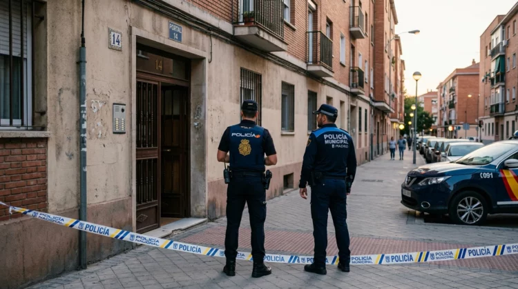 Dos agentes ante el portal de una vivienda en una calle de Puente de Vallecas