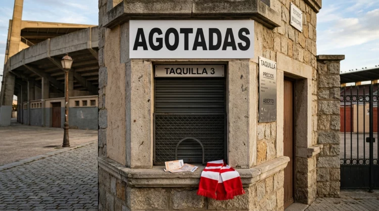 Taquilla cerrada con un cartel de localidades agotadas y una bufanda roja y blanca