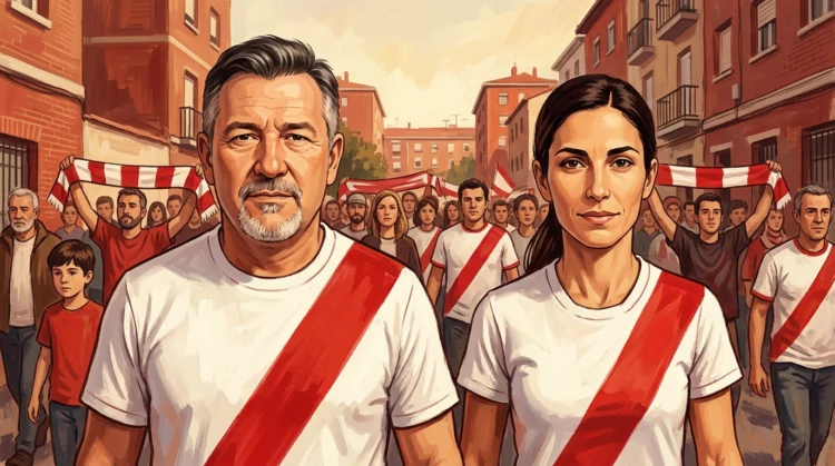 Ilustración de Jesús Diego Cota y Natalia Pablos al frente de una marcha rayista