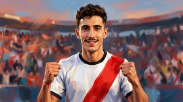 Ilustración de Sergio Camello celebrando un gol con la camiseta franjirroja