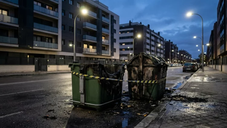 Dos contenedores dañados por el fuego en una avenida residencial durante la madrugada