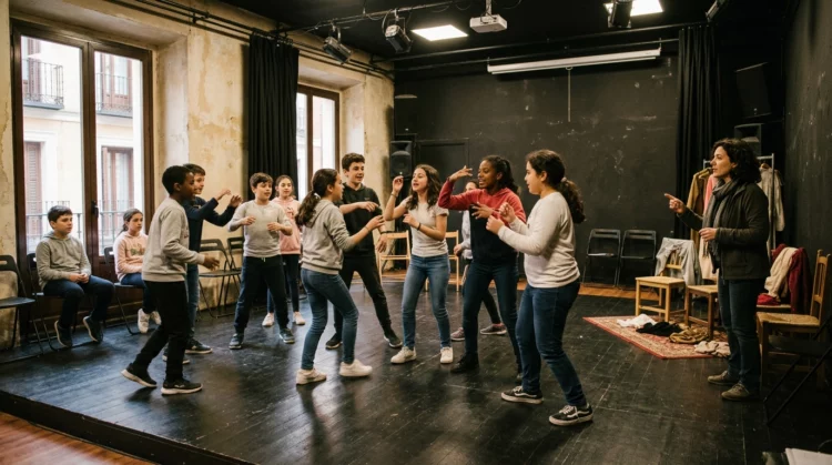 Grupo de niños y adolescentes durante un ensayo de teatro