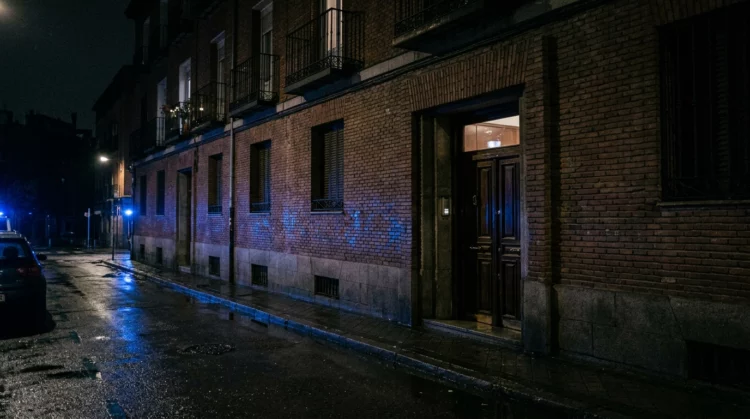 Fachada anónima de un edificio residencial de noche con reflejos de luces de emergencia