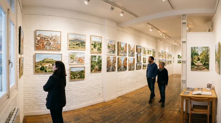 Sala de exposición con pinturas de paisajes inspirados en Vallecas