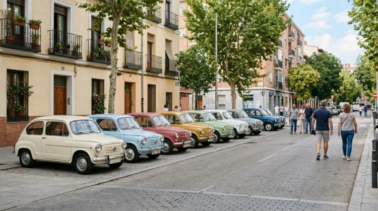Fila de coches clásicos de distintos colores en una calle de barrio